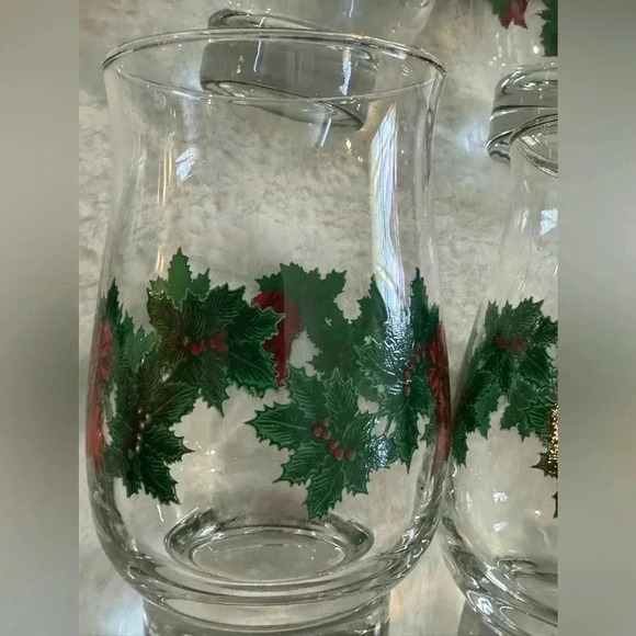 6 Vintage Libbey Christmas Holly Berry Wreath Garland Red Bow Glasses Gold Trim - Picture 11 of 15